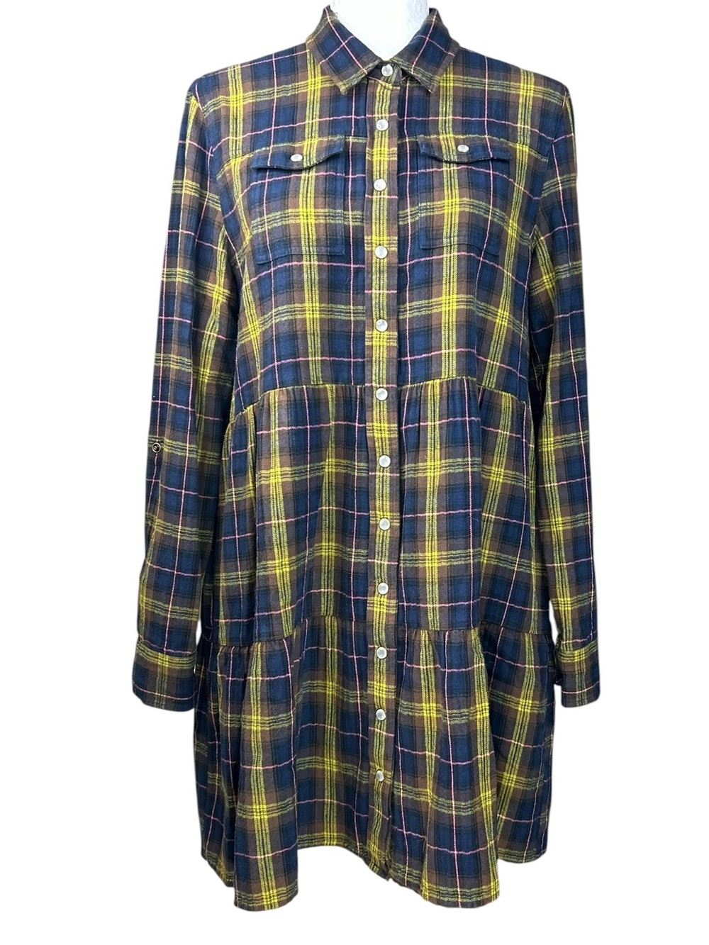 The Shirt Rochelle Behrens Tiered Dress M Pearl Snap Plaid Fall Coastal Cowgirl